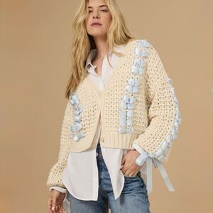 Altar'd State Ribbon Bow Cardigan Chunky Sweater Size S Oversized Fairy Coquette